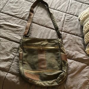 Mona B Olive Green Canvas Messenger Bag with Brown Trim